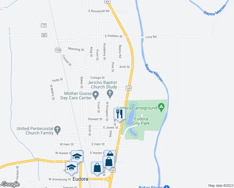 map of restaurants, bars, coffee shops, grocery stores, and more near 604 East Compress Street in Eudora