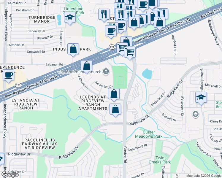 map of restaurants, bars, coffee shops, grocery stores, and more near 2300 Kemerton Drive in Plano