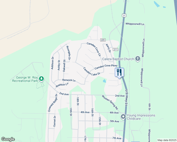 map of restaurants, bars, coffee shops, grocery stores, and more near 200 Camden Lake Drive in Calera