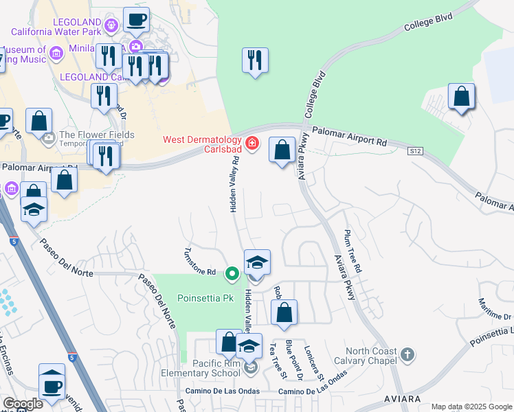 map of restaurants, bars, coffee shops, grocery stores, and more near 6397 Ebb Tide Street in Carlsbad
