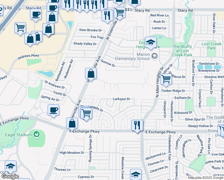 map of restaurants, bars, coffee shops, grocery stores, and more near 40 Buckingham Lane in Allen