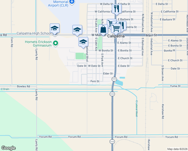 map of restaurants, bars, coffee shops, grocery stores, and more near 606 South Lake Avenue in Calipatria