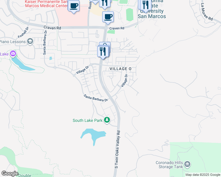 map of restaurants, bars, coffee shops, grocery stores, and more near 725 Kellogg Street in San Marcos