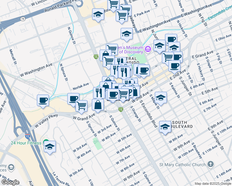map of restaurants, bars, coffee shops, grocery stores, and more near 150 Centre City Parkway in Escondido