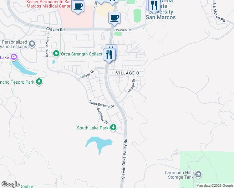 map of restaurants, bars, coffee shops, grocery stores, and more near 729 Kellogg Street in San Marcos