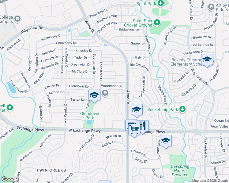 map of restaurants, bars, coffee shops, grocery stores, and more near 1314 Glendover Drive in Allen