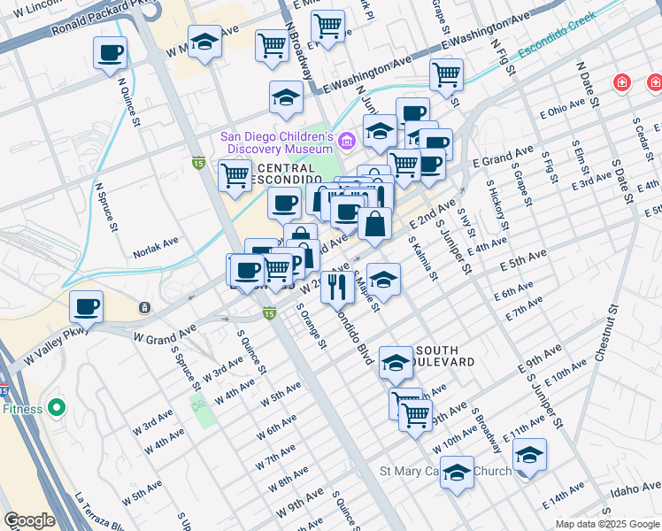 map of restaurants, bars, coffee shops, grocery stores, and more near 200 West 2nd Avenue in Escondido