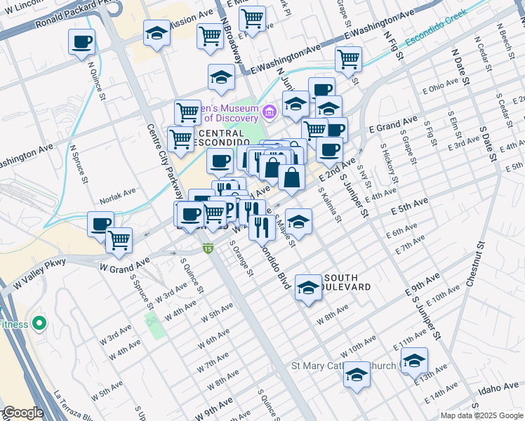 map of restaurants, bars, coffee shops, grocery stores, and more near 200 West 2nd Avenue in Escondido