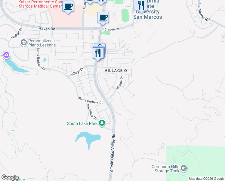 map of restaurants, bars, coffee shops, grocery stores, and more near 847 Almond Road in San Marcos