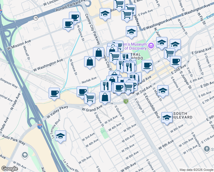 map of restaurants, bars, coffee shops, grocery stores, and more near 220-40 North Quince Street in Escondido