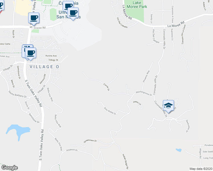 map of restaurants, bars, coffee shops, grocery stores, and more near Cocos Drive in San Marcos