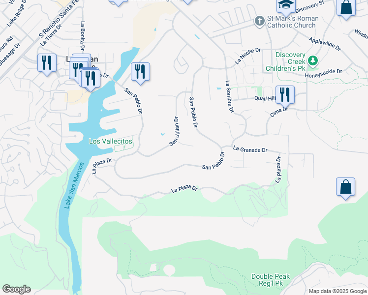 map of restaurants, bars, coffee shops, grocery stores, and more near 1239 San Julian Place in San Marcos