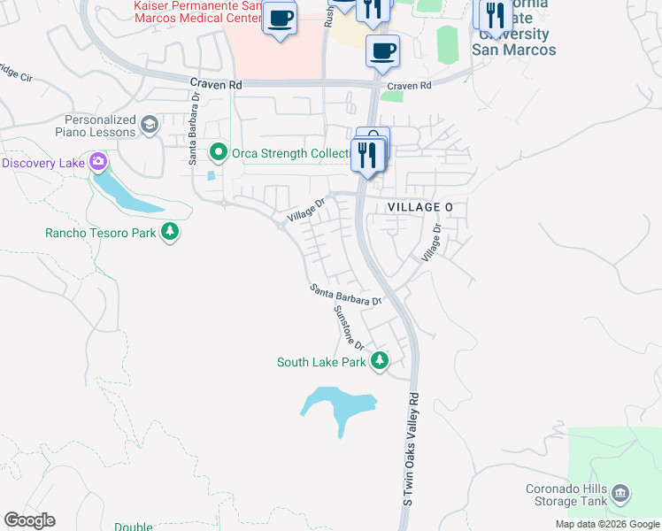 map of restaurants, bars, coffee shops, grocery stores, and more near 704 Merit Drive in San Marcos