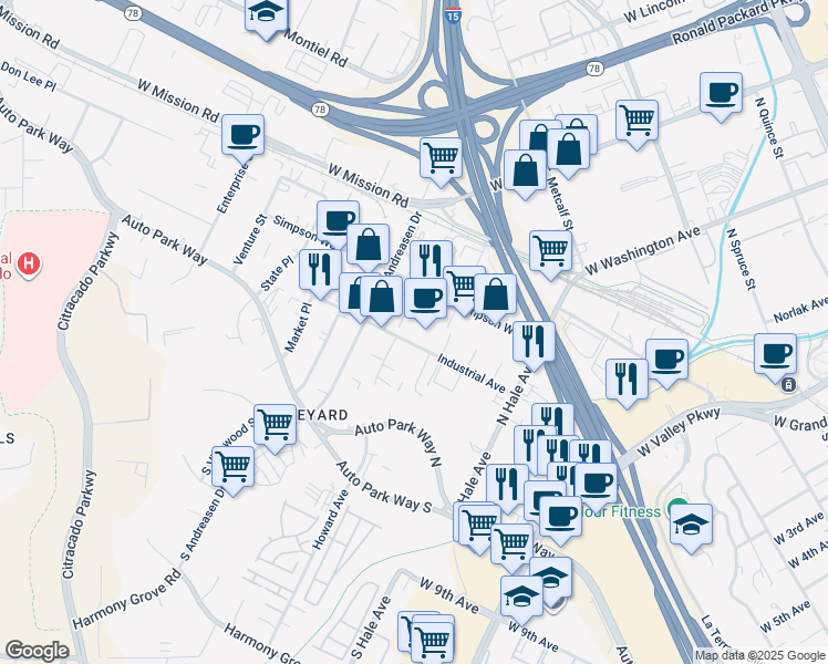 map of restaurants, bars, coffee shops, grocery stores, and more near 1310 Industrial Avenue in Escondido