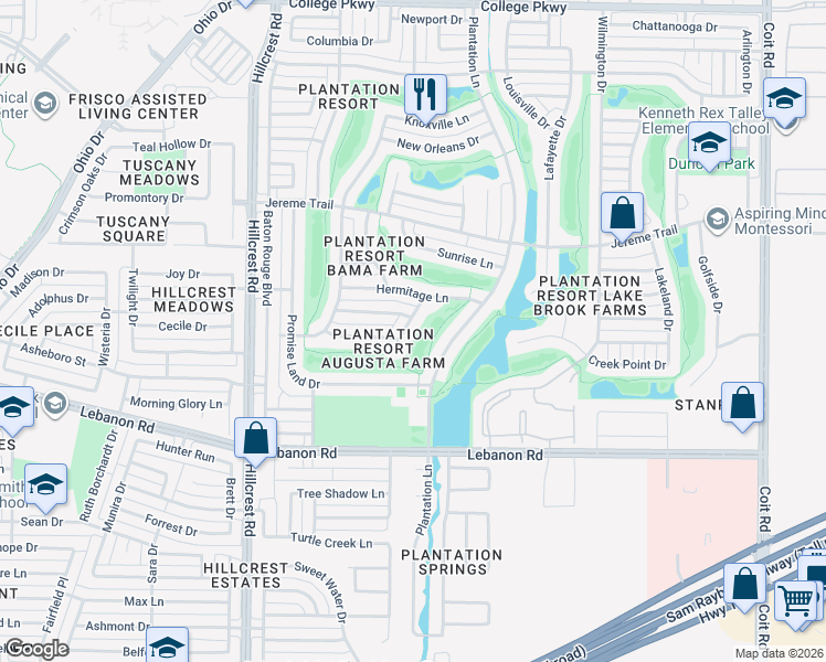 map of restaurants, bars, coffee shops, grocery stores, and more near 5004 Ashland Belle Lane in Frisco