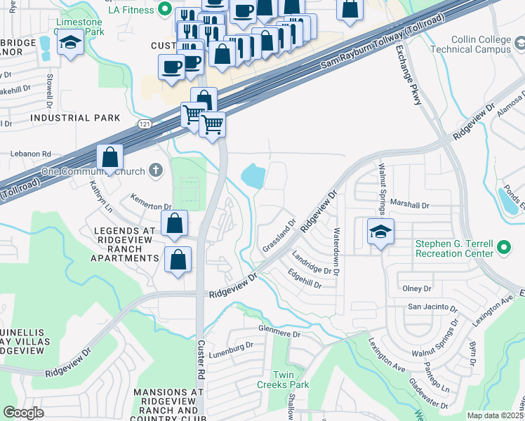 map of restaurants, bars, coffee shops, grocery stores, and more near 2115 Grassland Court in Allen