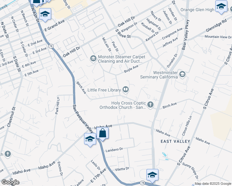 map of restaurants, bars, coffee shops, grocery stores, and more near 1237 Destree Road in Escondido