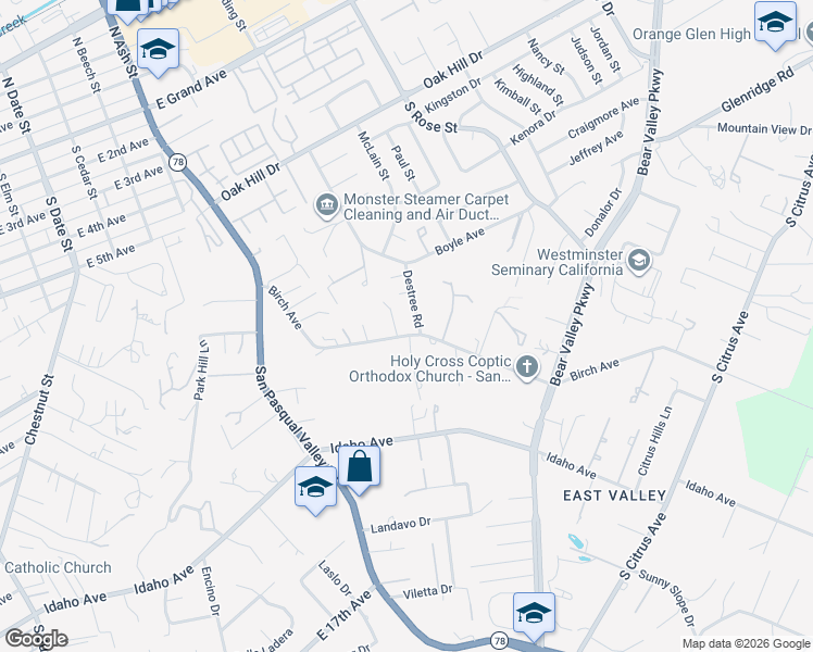 map of restaurants, bars, coffee shops, grocery stores, and more near 1237 Destree Road in Escondido