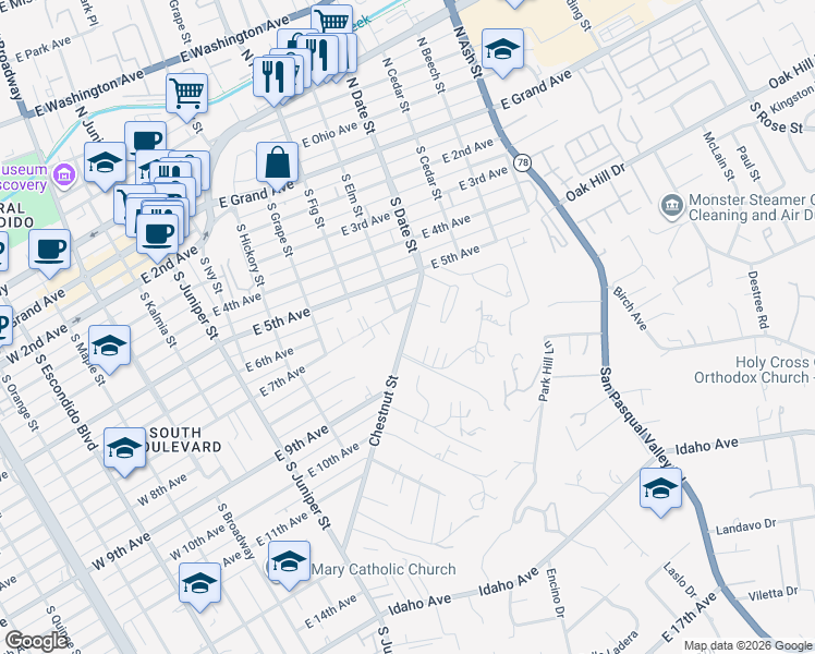 map of restaurants, bars, coffee shops, grocery stores, and more near 729 Chestnut Street in Escondido