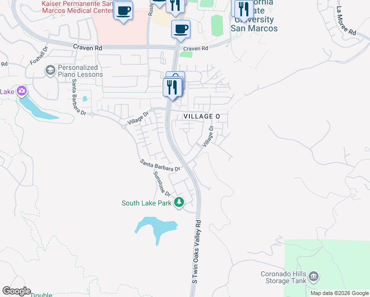map of restaurants, bars, coffee shops, grocery stores, and more near 725 Kellogg Street in San Marcos
