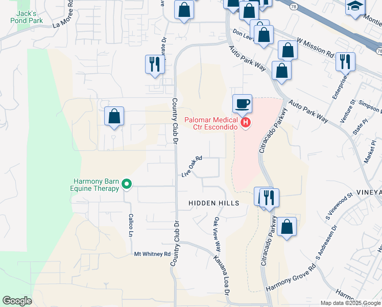 map of restaurants, bars, coffee shops, grocery stores, and more near 2432 Live Oak Road in Escondido