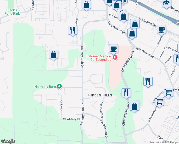 map of restaurants, bars, coffee shops, grocery stores, and more near 2432 Live Oak Road in Escondido
