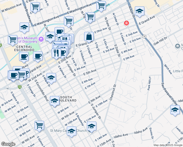 map of restaurants, bars, coffee shops, grocery stores, and more near 511 East 5th Avenue in Escondido