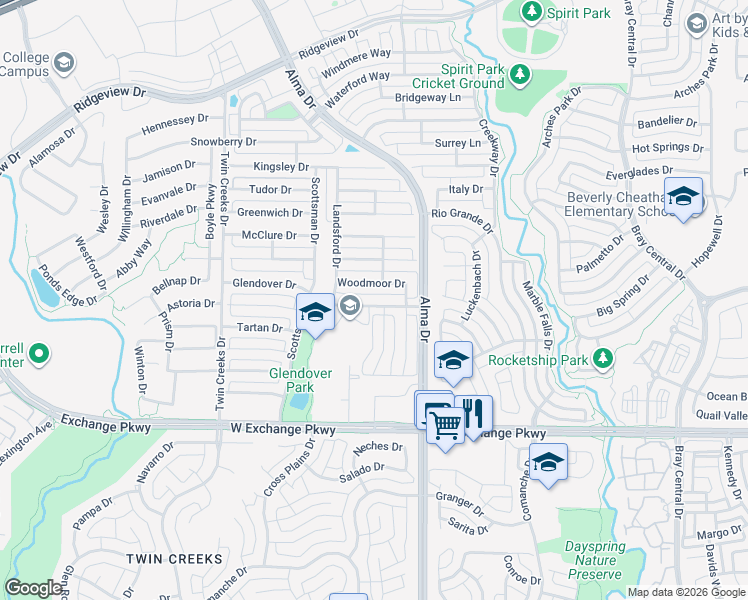 map of restaurants, bars, coffee shops, grocery stores, and more near 1314 Glendover Drive in Allen