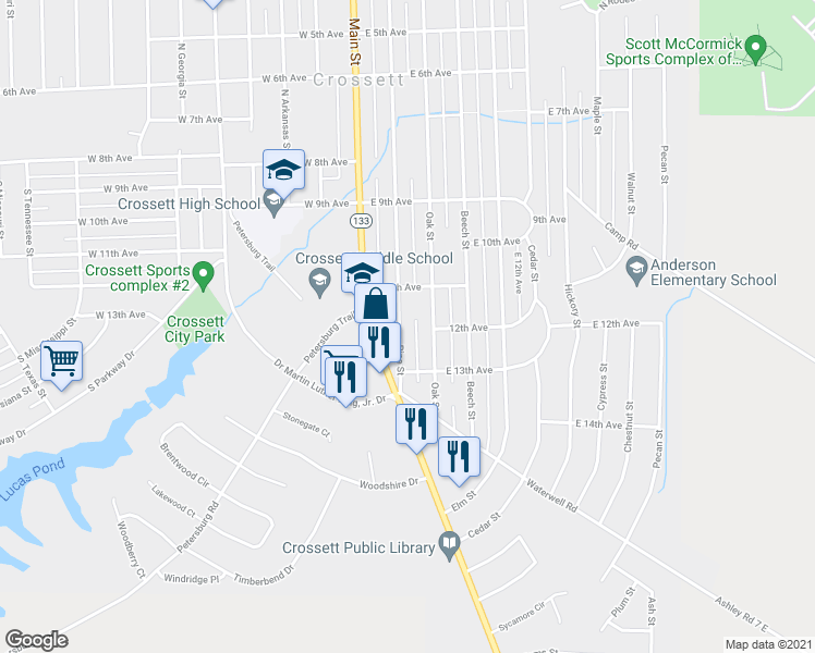 map of restaurants, bars, coffee shops, grocery stores, and more near 1109 Pine Street in Crossett