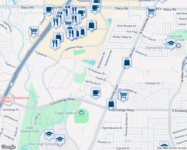 map of restaurants, bars, coffee shops, grocery stores, and more near 423 Trinity Drive in Allen