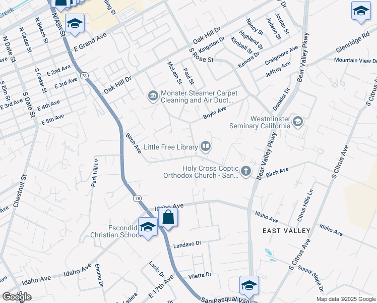 map of restaurants, bars, coffee shops, grocery stores, and more near 1237 Destree Road in Escondido