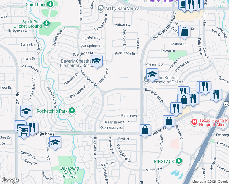 map of restaurants, bars, coffee shops, grocery stores, and more near 1307 North Watters Road in Allen