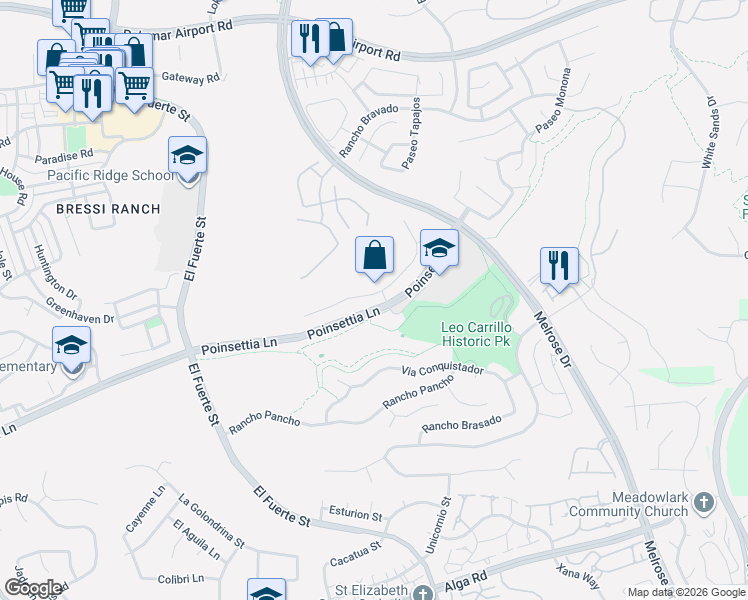 map of restaurants, bars, coffee shops, grocery stores, and more near 2865 Rancho Rio Chico in Carlsbad
