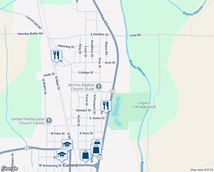 map of restaurants, bars, coffee shops, grocery stores, and more near 604 East Compress Street in Eudora