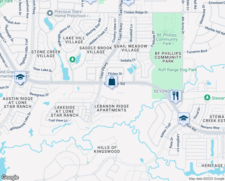 map of restaurants, bars, coffee shops, grocery stores, and more near 2355 Lebanon Road in Frisco