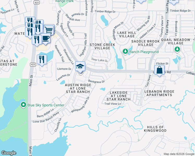 map of restaurants, bars, coffee shops, grocery stores, and more near 1333 Ranch Gate Lane in Frisco