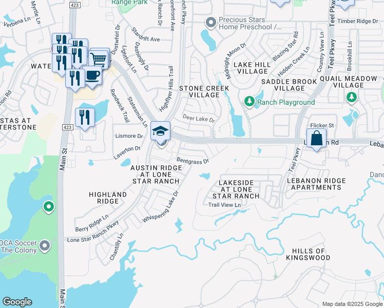 map of restaurants, bars, coffee shops, grocery stores, and more near 1333 Ranch Gate Lane in Frisco