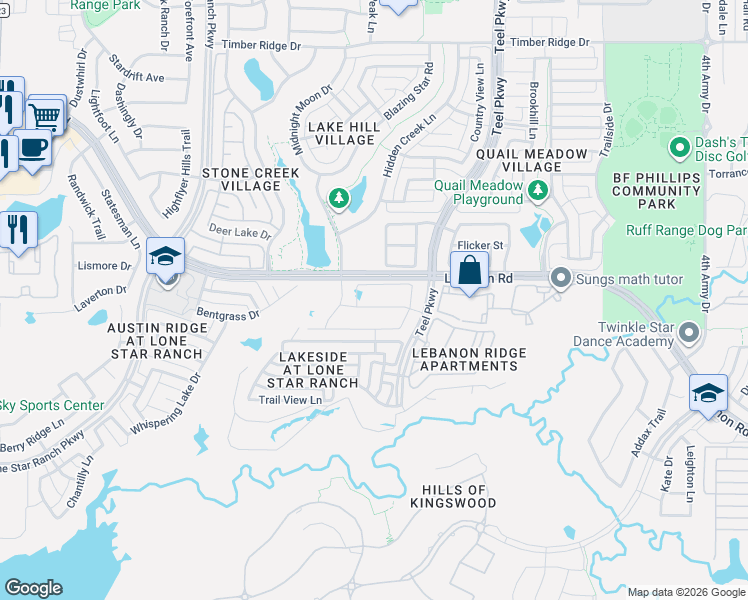 map of restaurants, bars, coffee shops, grocery stores, and more near Lebanon Road in Frisco