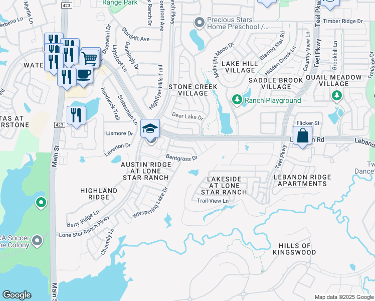 map of restaurants, bars, coffee shops, grocery stores, and more near 1333 Ranch Gate Lane in Frisco