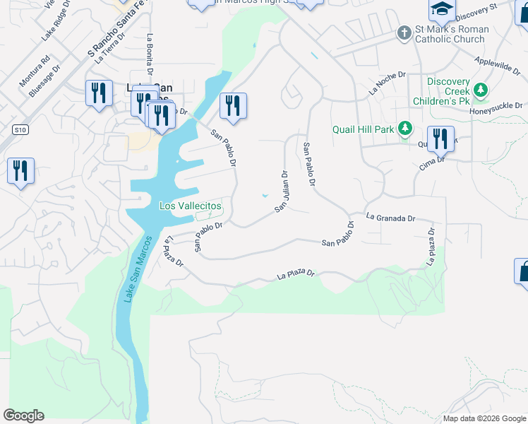 map of restaurants, bars, coffee shops, grocery stores, and more near 1238 San Julian Drive in San Marcos
