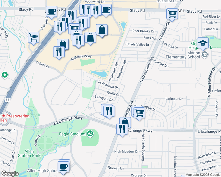 map of restaurants, bars, coffee shops, grocery stores, and more near 440 Saint Andrews Drive in Allen