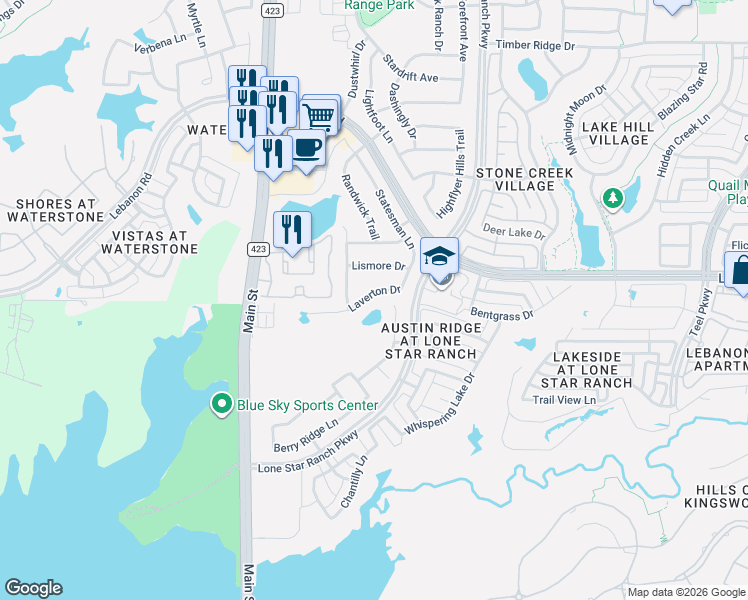 map of restaurants, bars, coffee shops, grocery stores, and more near 671 Laverton Drive in Frisco