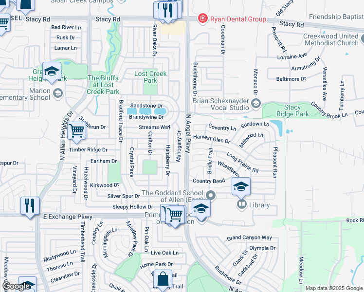 map of restaurants, bars, coffee shops, grocery stores, and more near 1601 Long Prairie Court in Allen