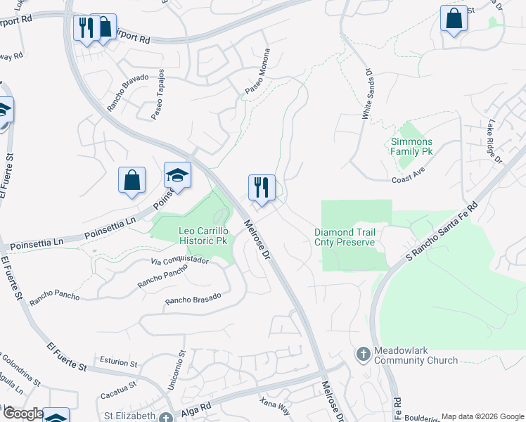 map of restaurants, bars, coffee shops, grocery stores, and more near 3125 Via Simpatia in Carlsbad