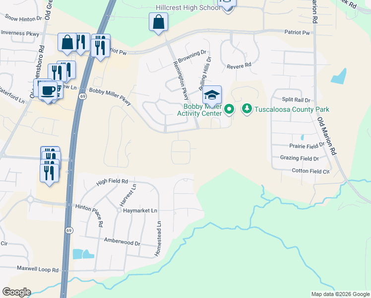map of restaurants, bars, coffee shops, grocery stores, and more near 9660 Charolais Drive in Tuscaloosa