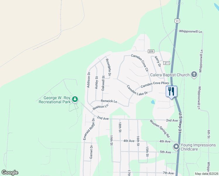 map of restaurants, bars, coffee shops, grocery stores, and more near 412 Oakwell Cove in Calera