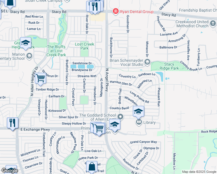 map of restaurants, bars, coffee shops, grocery stores, and more near 1601 Long Prairie Court in Allen