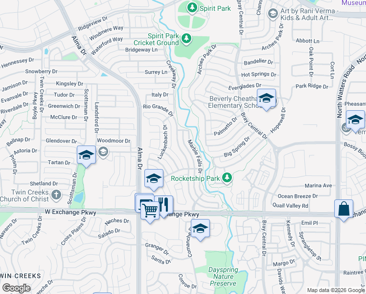 map of restaurants, bars, coffee shops, grocery stores, and more near 1326 Rio Grande Drive in Allen