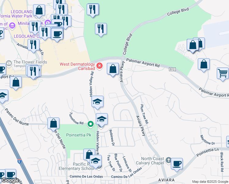map of restaurants, bars, coffee shops, grocery stores, and more near 1400 Flame Tree Lane in Carlsbad