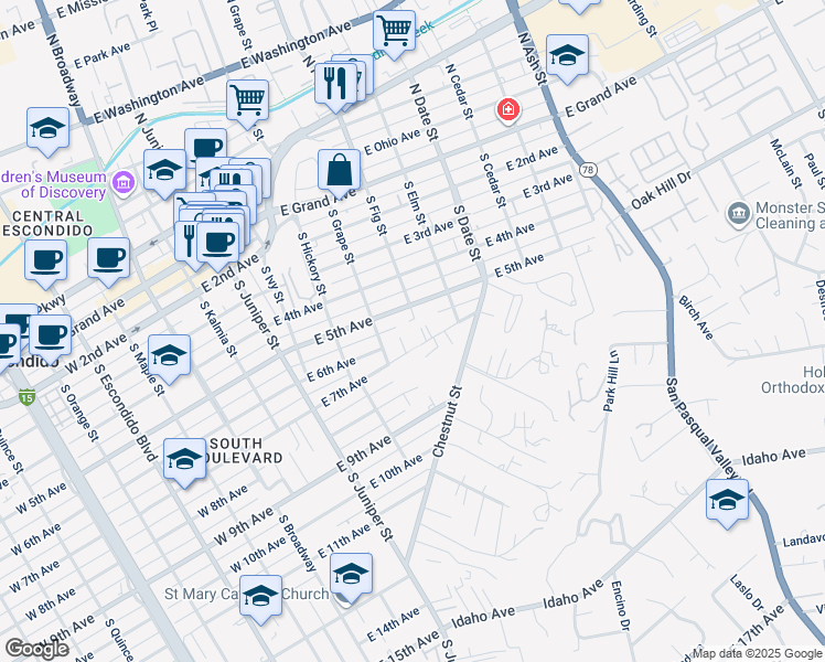 map of restaurants, bars, coffee shops, grocery stores, and more near 702 East 7th Avenue in Escondido